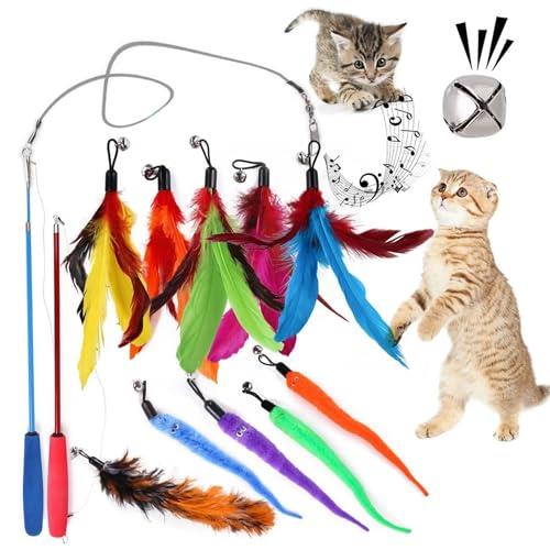 Mumoo Bear 12 PCS Feather Teaser Cat Toy, 2 Pcs Retractable Interactive Cat Teaser Rods, 10 Pcs Replacement Colorful Feather Refills with Bells, Feather Dangler Funny Exercise for Indoor Cat Catcher