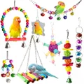 8 Pcs Bird Budgie Parakeet Toys, Mumoo Bear Hanging Bell Hammock Swing Cockatiel Toy Wooden Perch Mirror Chewing Toy for Small Parrots, Conures, Love Birds