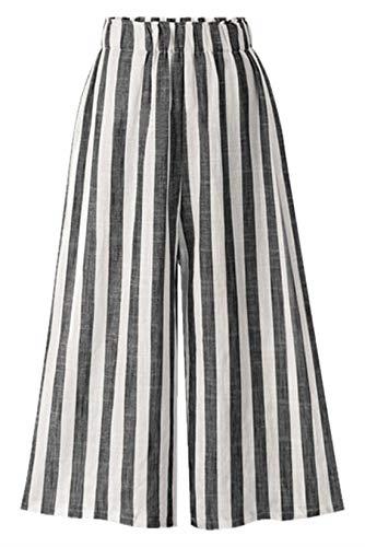 CHARTOU Women's Casual Striped High-Waist Wide-Leg Cotton Lightweight Palazzo Capri Culotte Pants (Black, Small)