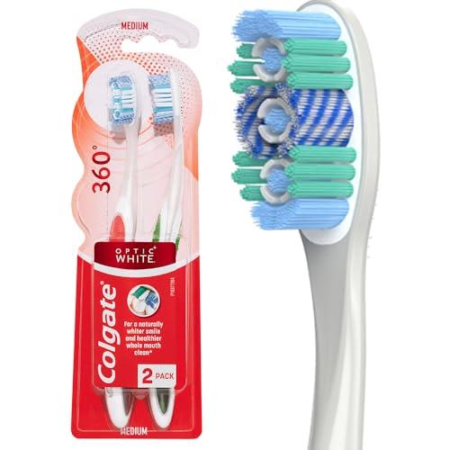 Colgate 360° Advanced Optic White Manual Toothbrush, Value 2 Pack, Medium Bristles With Teeth Whitening Actions