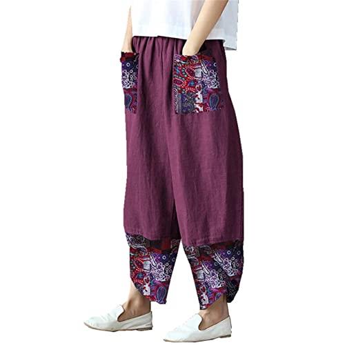 Women's Printed Patchwork Cotton Linen Wide Leg Pants Harem Lounge Cropped Capri Bottoms Baggy Trousers Sweatpants (Purple,Small,5,OZ)