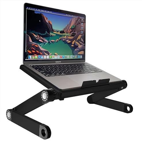 Uncaged Ergonomics WorkEZ LIGHT Ergonomic Portable Lightweight Folding Aluminum Laptop Cooling Stand & Lap Desk Tray for Bed Couch. Adjustable height angle tilt notebook computer macbook desktop riser table-top holder, black (WELb)