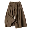 Hooever Women's Cotton Linen Culottes Pants Elastic Waist Wide Leg Palazzo Trousers Capri Pant, Darkkhaki, Medium