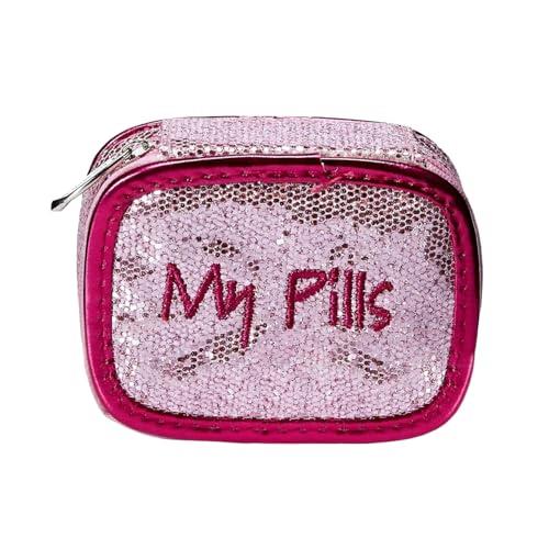 Miamica Zippered “My Pills ” Pill Case with 8-Day Removable Plastic Medicine Organizer, Pink Glitter, 3.5” L x 2.75” W x 1.25” H – Keep Your Vitamins and Pills Organized – Compact and Sleek Pill Box,