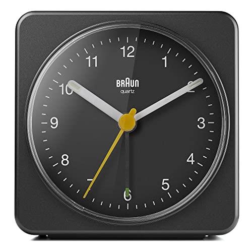 Braun Classic Analogue Clock with Snooze and Light, Quiet Quartz Sweeping Movement, Crescendo Beep Alarm in Black, Model BC03B