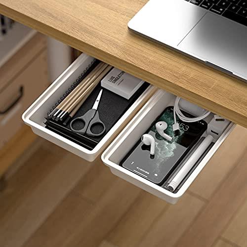 SVNNELP Hidden Under Table Desk Drawer Storage Organizer 2 Pack,Self-Adhesive Under Office Desktop Pencil Tray Drawer,Under Table Storage Tray Drawer for Kitchen