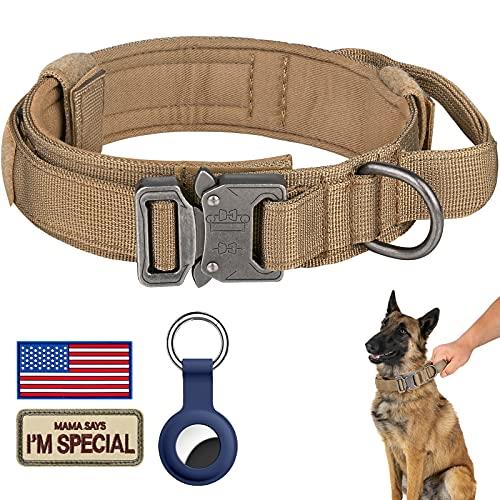 DAGANXI Tactical Dog Collar, Adjustable Military Training Nylon Dog Collar with Control Handle and Heavy Metal Buckle for Medium and Large Dogs, with Patches and Airtags Case (M, Brown)