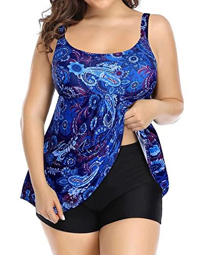 Holipick Plus Size Two Piece Tankini Swimsuits for Women Tummy Control Bathing Suits Scoop Neck Tankini Top with Boy Shorts, Blue Flower, 22 Plus