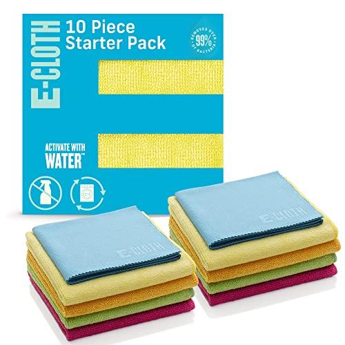 e-cloth Starter Pack, Premium Microfiber Cleaning Cloths, Great Household Cleaning Tools for Bathroom, Kitchen, and Cars, Washable and Reusable, 100 Wash, Assorted Colors, 10 Piece Set