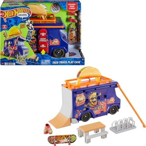 Hot Wheels Skate Portable Skatepark, Taco Truck Play Case with 1 Exclusive Fingerboard, 1 Pair Removable Skate Shoes and Storage, Travel Toys
