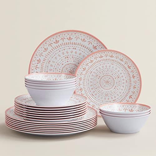 Joviton HOME 24PCS Bohemia Pink Melamine Dinnerware Sets for 8,Outdoor Plates and Bowls 8 (Pink) 10.5inch / 8.5inch / 6inch