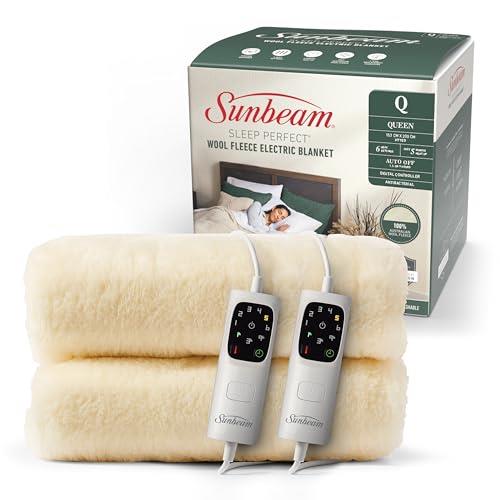 Sunbeam Sleep Perfect Wool Fleece Electric Blanket Queen | 100% Australian Wool, Fully Fitted, Antibacterial, Washable Dual Controls, Auto-Off Timer with Overheat Protection BLW6651