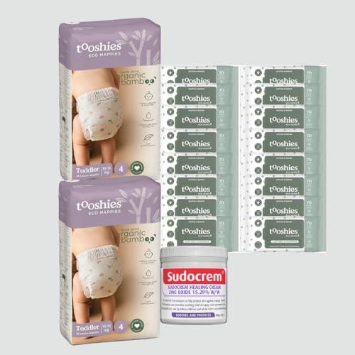 Tooshies Eco Nappies Size 4 Toddler 10-15kg, 72 Count, White + Tooshies Aloe Vera & Chamomile Eco Wipes, Pack of 1120 (16x70 packs) + Sudocrem Healing Cream 400g