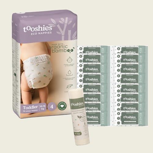 Tooshies Eco Nappies Size 4 Toddler 10-15kg, 72 Count, White + Tooshies Aloe Vera & Chamomile Eco Wipes, 1120 Pack + Tooshies Biodegradable Nappy Bags, 40pk, Green