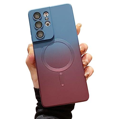 Magnetic Samsung Galaxy S21 Ultra Case [Compatible with MagSafe] Gradient Neon Color Cute Built-in Camera Lens Protector Film Soft Touch Liquid Silicone Matte Shockproof Phone Cover (Cyan Wine Red)