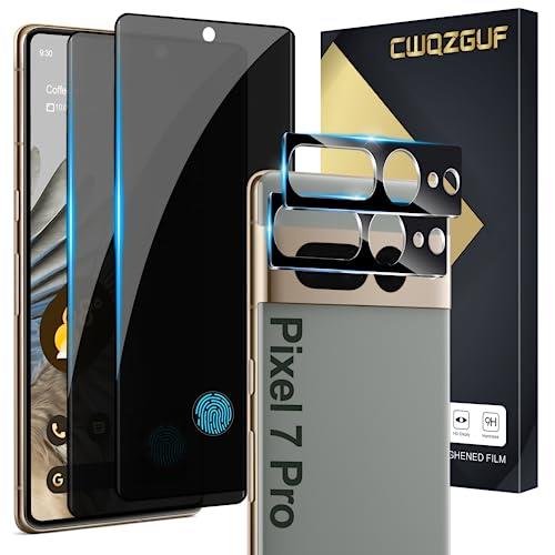 CWQZGUF 2+2 Pack Privacy Screen Protector for Pixel 7 Pro, 2 Pack Privacy Tempered Film with 2 Pack Tempered Glass Camera Lenses, High Clarity, Bubble-Free,