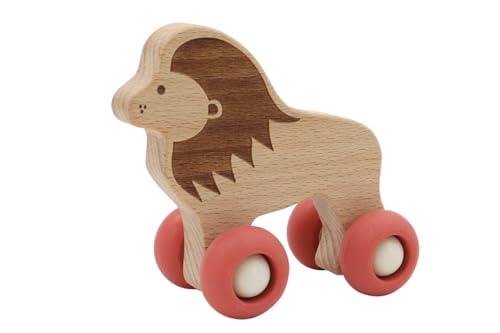 Kaper Kidz NG23835L Wooden Lion with Silicone Wheels: Rolling Push Toy for Toddlers and Babies for Ages 18 Months+