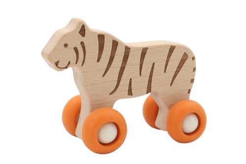Kaper Kidz NG23835T Wooden Tiger with Silicone Wheels: Rolling Push Toy for Toddlers and Babies for Ages 18 Months+