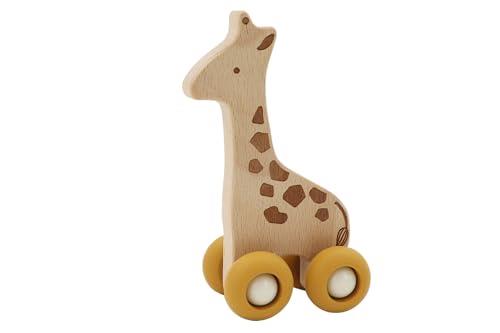 Kaper Kidz NG23835G Wooden Giraffe with Silicone Wheels: Rolling Push Toy for Toddlers and Babies for Ages 18 Months+