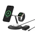 Belkin 3-in-1 Wireless Charging Stand with Magnetic MagSafe Compatible Qi2 15W, Fast Charging iPhone Charger for iPhone 15, 14, and 13 Series, AirPods, Apple Watch, & More (PSU Included) - Black