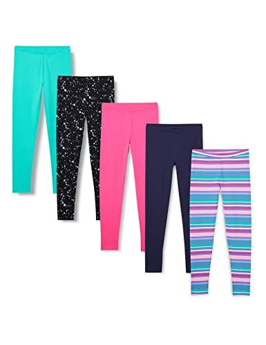 Amazon Essentials Girls' Leggings, Pack of 5, Aqua Green/Black Stars/Navy/Pink/Stripe, Medium
