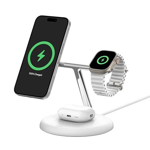Belkin BoostCharge Pro 3-in-1 Wireless Charging Stand with Magnetic Qi2 15W, Fast Charging iPhone Charger Compatible with iPhone 15, 14, and 13 Series, AirPods, Apple Watch, & More - White