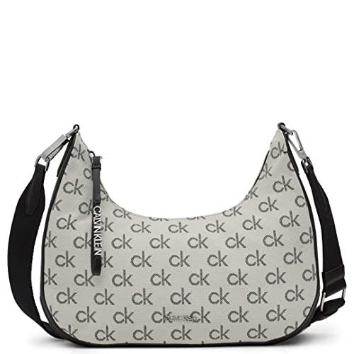Calvin Klein Clay Top Zip Hobo Shoulder Bag, Cherub White/Black Brick Jacquard Logo, One Size