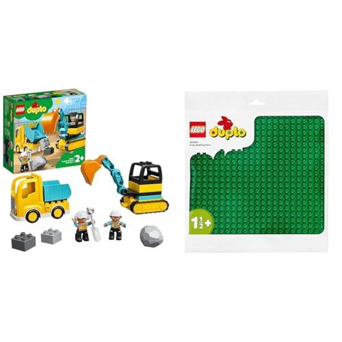 LEGO DUPLO Green Building Base Plate, Build and Display Board, Construction Toy for Toddlers and Kids 10980 & DUPLO Truck and Tracked Excavator 10931 Building Kit