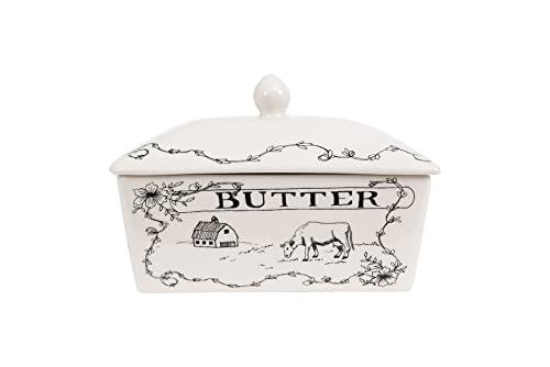 Creative Co-Op Country Stoneware Butter Dish with Lid, Spread The Love Message, and Farm Line Drawing, White and Black