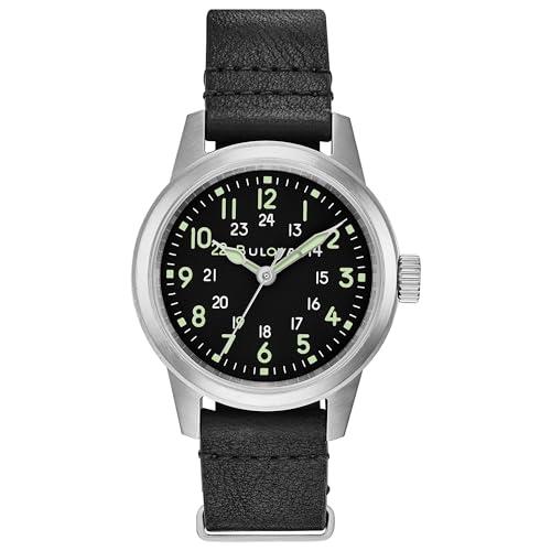 Bulova Men's Military Heritage Hack Stainless Steel 3-Hand Automatic Watch, NATO Leather Strap, Luminous Hands and Markers, Black Leather/Black Dial, Military