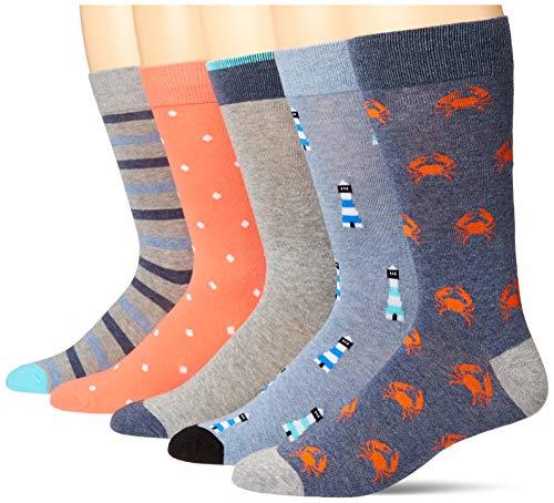 Amazon Essentials Men's Patterned Dress Socks, 5 Pairs, Blue/Grey/Navy Crab/Orange Dots/Stripe, 8-12