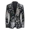 MOGU Mens Slim Fit Blazer Elegant Jacquard Tuxedo Jacket for Daily Prom Party, Gold Black, 34