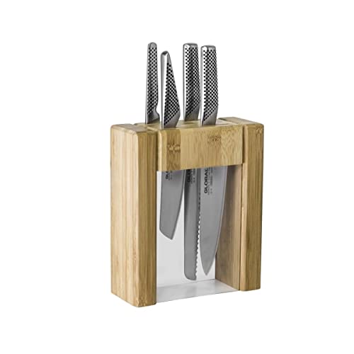 Global Ikasu V 5-Piece Knife Block Set, Made in Japan, Bamboo Storage Block,Silver