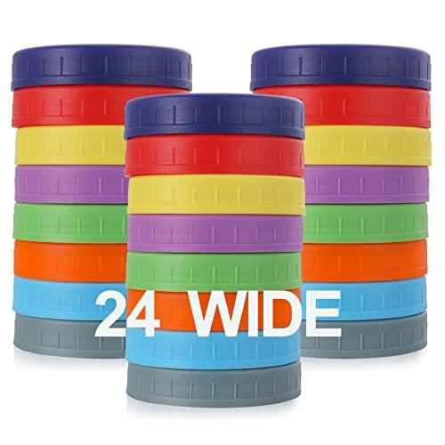 [ 24 Pack ] WIDE Mouth Mason Jar Lids for Ball, Kerr and More - Colored Plastic Storage Caps for Mason/Canning Jars - Leak-Proof