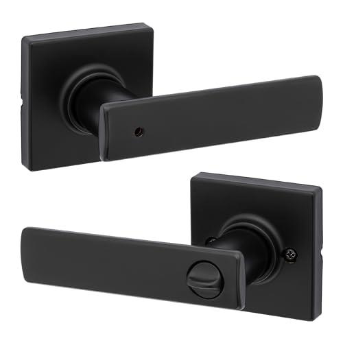 Kwikset Breton Interior Privacy Door Handle with Lock, Door Lever for Bathroom and Bedroom, Matte Black Reversible Keyless Turn Lock, with Microban Protection