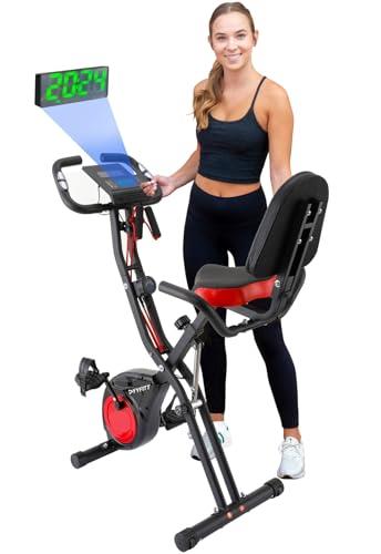 YYFITT 3-In-1 Folding Exercise Bike, Stationary Bikes for Home with Arm Workout Bands, Indoor Fitness Bike with 16 Levels Magnetic Resistance, Fully Support Back Pad and Phone/Tablet Holder