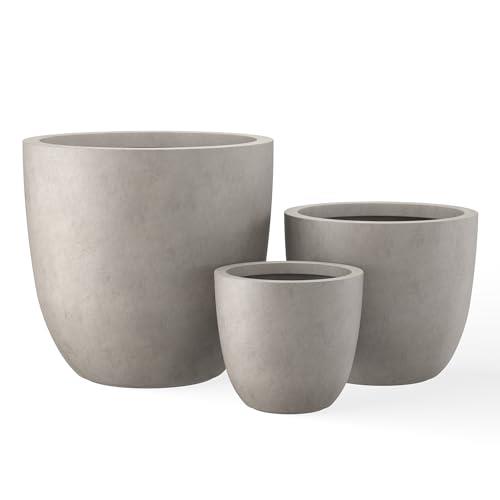 Kante 18", 14", and 10" W Weathered Concrete Round Planters (Set of 3), Outdoor Indoor Modern Planter Pots, Lightweight, Weather Resistant, Seamless with Drainage Hole
