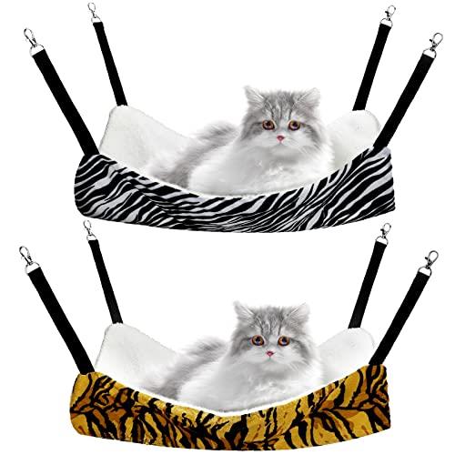 2 Pieces Reversible Cat Hanging Hammock Soft Breathable Pet Cage Hammock with Adjustable Straps and Metal Hooks Double-Sided Hanging Bed for Cats Small Dogs Rabbits (Zebra, Tiger Stripes, L)