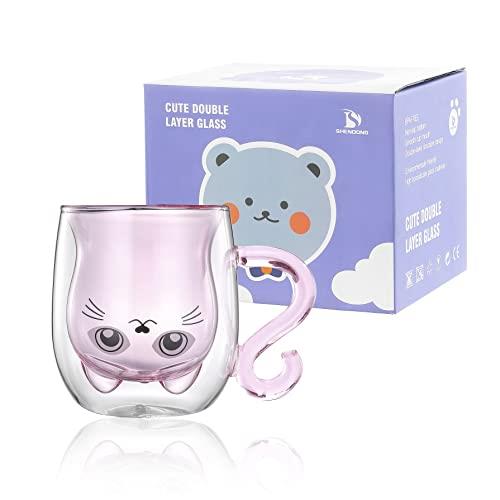 SHENDONG Cute Cat Mugs Cute Cups Cat Tea Coffee Cup with Handle 8.5oz Milk Cup Double Wall Insulated Glass Espresso Cups Glass Gifts for Personal Birthday Valentine's Day and Office (Pink cat