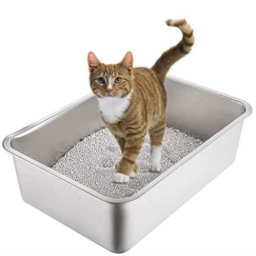 Yangbaga Stainless Steel Litter Box for Cat and Rabbit, Odor Control, Non Stick Smooth Surface, Easy to Clean, Never Bend, Rust Proof, Large Size with High Sides