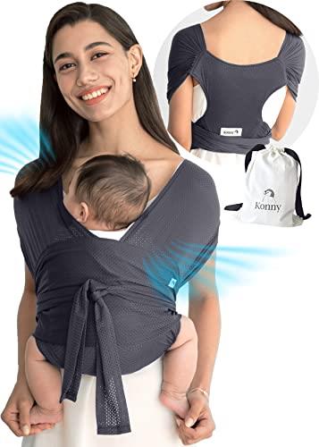 Konny Baby Carrier Flex AirMesh Premium Material- Summer Adjustable, Easy to Wear and Wrap Baby Sling, Perfect for Newborn Babies Essentials up to 44 lbs(XS-XL) - Charcoal