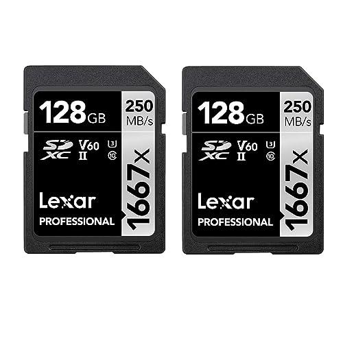 Lexar Professional 1667x SD Card 128GB 2-Pack, SDXC UHS-II Memory Card, Up to 250MB/s Read, 120MB/s Write, Class 10, U3, V60, for Professional Photographer, Videographer, Enthusiast(LSD1667128G-B2NAA)
