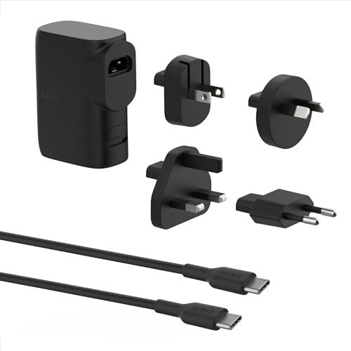 Belkin BoostCharge Hybrid Wall Charger 25W + Power Bank 5K w/Travel Adapter Kit, Portable w/Interchangeable Regional Power Plugs, USB-C & USB-A Ports + 1m USB-C Cable to USB-C Cable - Black