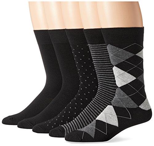 Amazon Essentials Men's Patterned Dress Socks, 5 Pairs, Black/Dots/Plaid/Stripe, 13-15