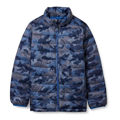 Amazon Essentials Boys' Lightweight Water-Resistant Packable Puffer Jacket, Blue Camo, Large