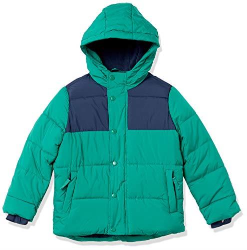 Amazon Essentials Toddler Boys' Heavyweight Hooded Puffer Jacket, Green Navy Color Block, 4T