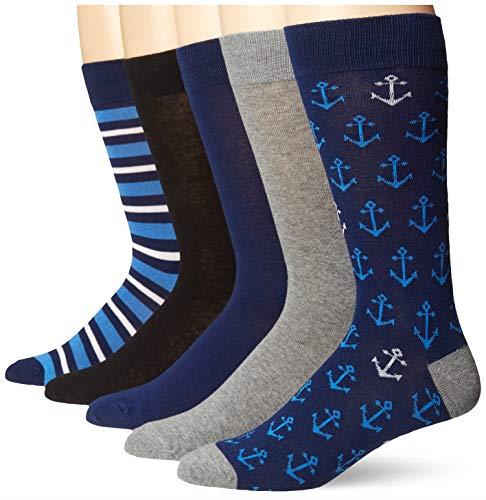 Amazon Essentials Men's Patterned Dress Socks, 5 Pairs, Anchor/Stripe, 8-12