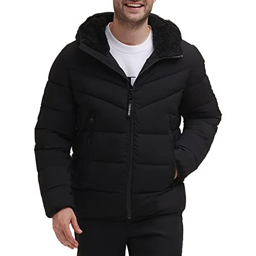 Calvin Klein Men's Winter Coat-Puffer Stretch Jacket with Sherpa Hood, Ebony, X-Large