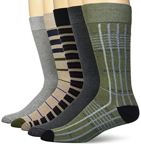 Amazon Essentials Men's Patterned Dress Socks, 5 Pairs, Black/Brown/Dark Grey/Green/Grey, 13-15