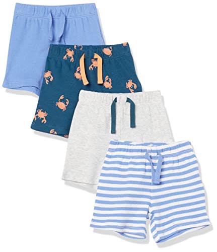 Amazon Essentials Unisex Babies' Cotton Pull-On Shorts, Pack of 4, Blue/Light Grey/Navy Crab/White Stripe, 0-3 Months